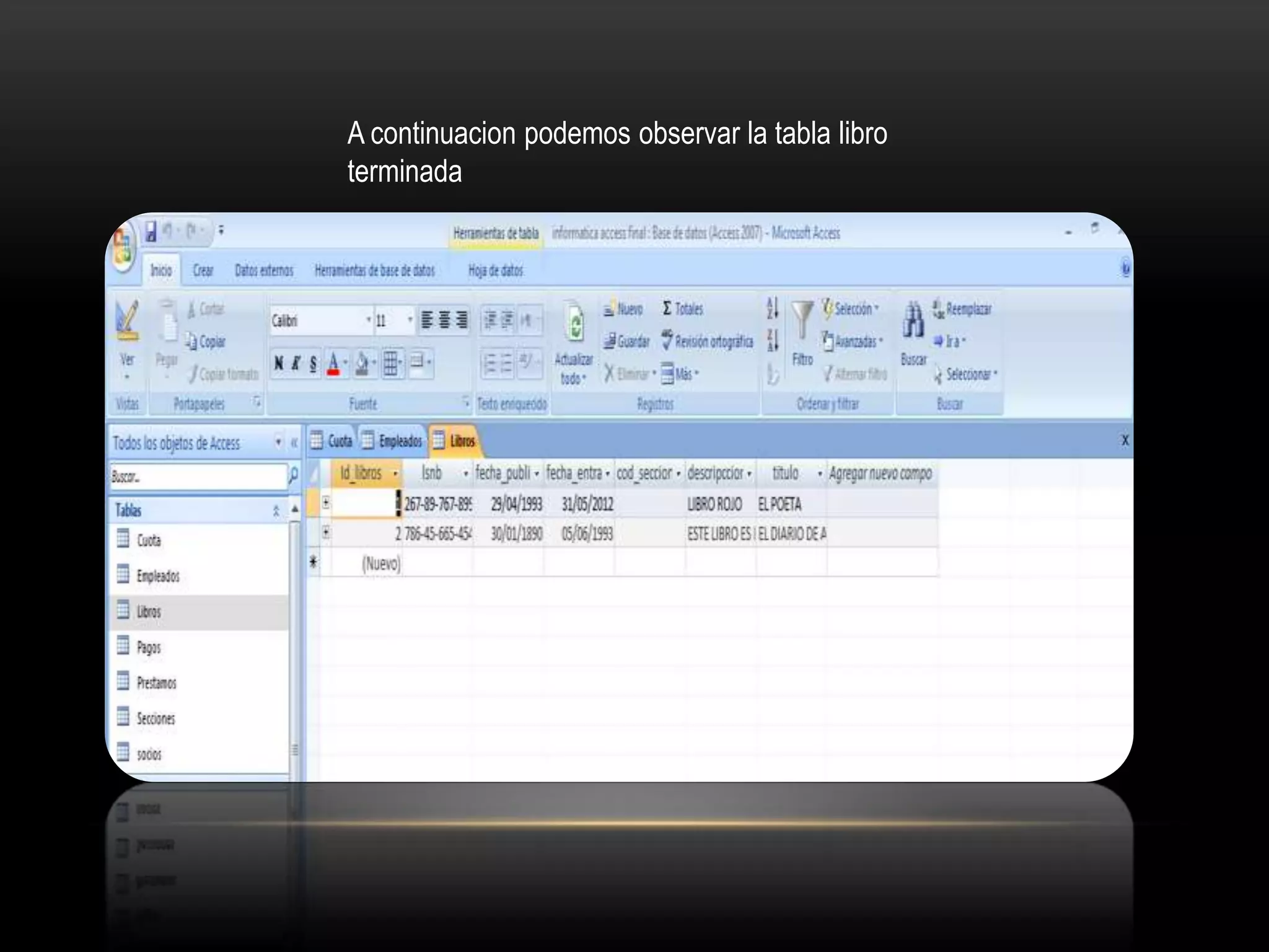 A continuacion podemos observar la tabla libro
terminada
 