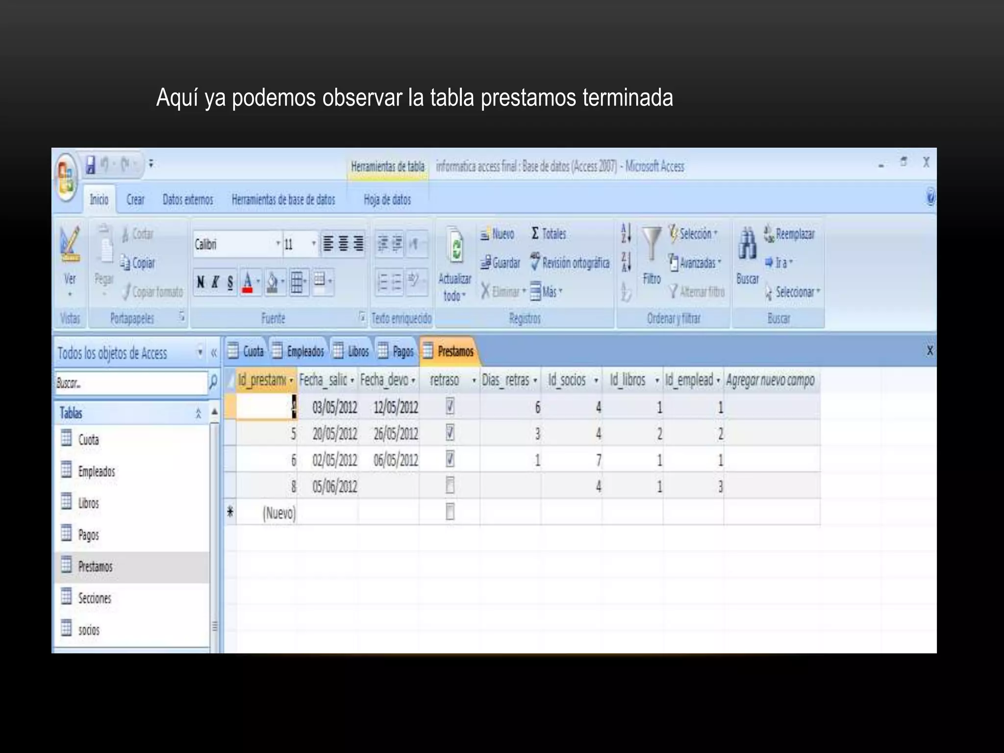 Aquí ya podemos observar la tabla prestamos terminada
 