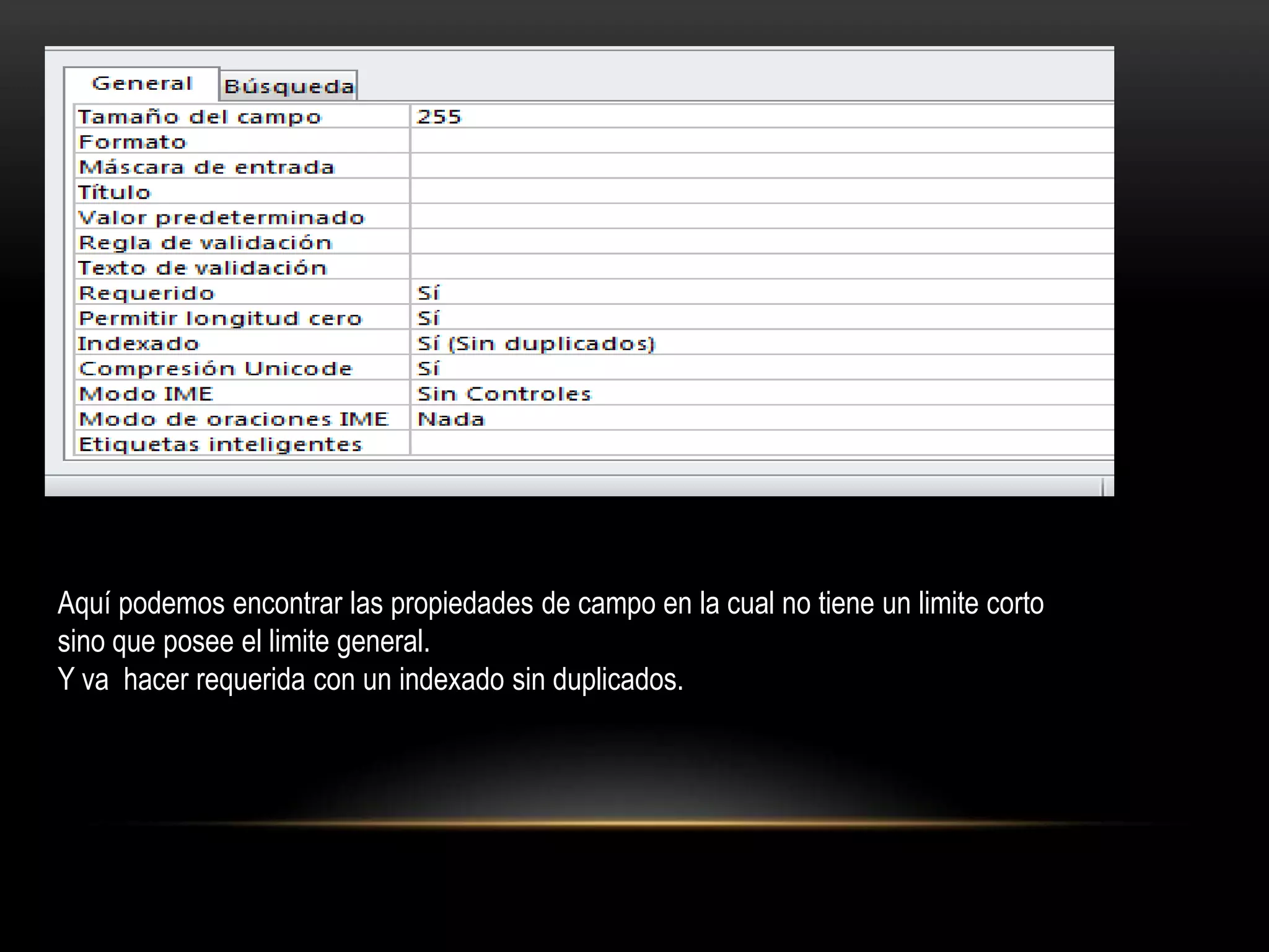 Aquí podemos encontrar las propiedades de campo en la cual no tiene un limite corto
sino que posee el limite general.
Y va hacer requerida con un indexado sin duplicados.
 