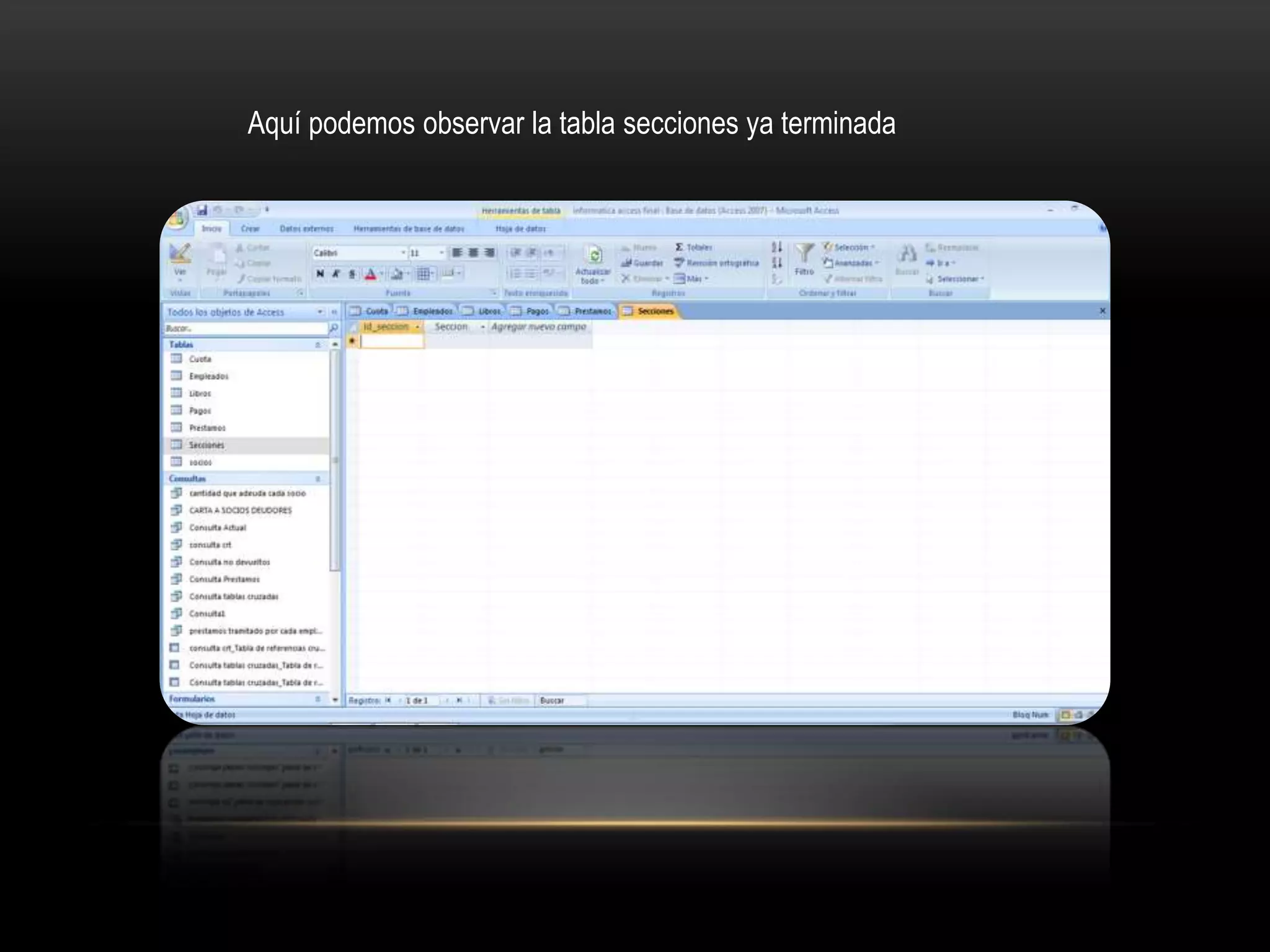 Aquí podemos observar la tabla secciones ya terminada
 