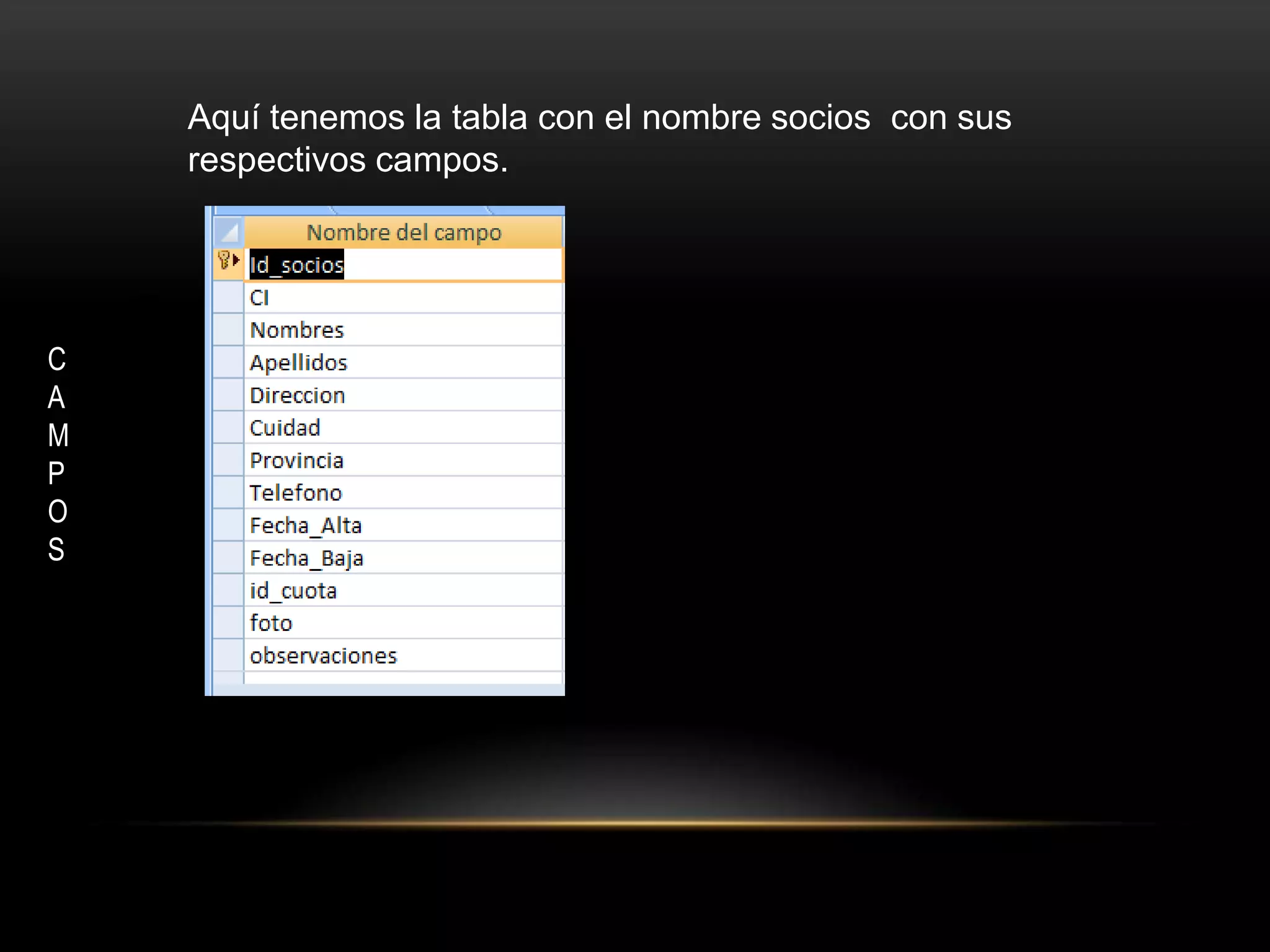Aquí tenemos la tabla con el nombre socios con sus
    respectivos campos.




C
A
M
P
O
S
 
