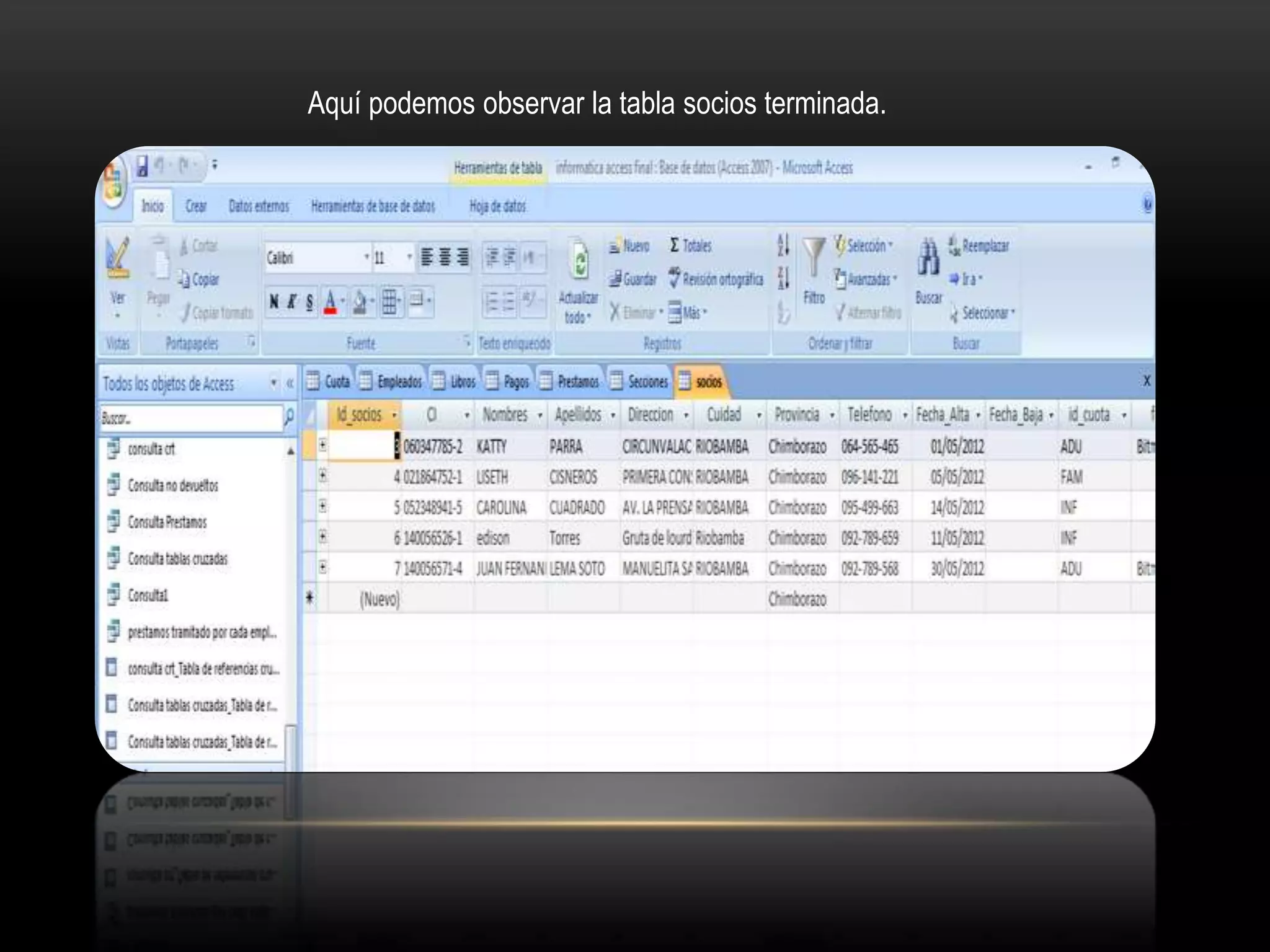 Aquí podemos observar la tabla socios terminada.
 