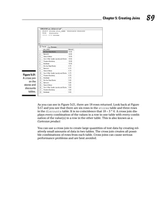 As you can see in Figure 5-21, there are 18 rows returned. Look back at Figure
5-17 and you see that there are six rows in the stores table and three rows
in the discounts table. It is no coincidence that 18 = 3 * 6. A cross join dis-
plays every combination of the values in a row in one table with every combi-
nation of the value(s) in a row in the other table. This is also known as a
Cartesian product.
You can use a cross join to create large quantities of test data by creating rel-
atively small amounts of data in two tables. The cross join creates all possi-
ble combinations of rows from each table. Cross joins can cause serious
performance problems and are best avoided.
Figure 5-21:
A cross join
on the
stores and
discounts
tables.
89
Chapter 5: Creating Joins
 