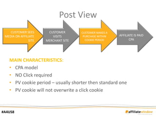 Post View
    CUSTOMER SEES      CUSTOMER       CUSTOMER MAKES A
 MEDIA ON AFFILIATE      VISITS        PURCHASE WITHIN   AFFILIATE IS PAID
               SITE   MERCHANT SITE     COOKIE PERIOD           CPA




   MAIN CHARACTERISTICS:
   • CPA model
   • NO Click required
   • PV cookie period – usually shorter then standard one
   • PV cookie will not overwrite a click cookie



#A4US8
 