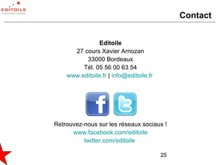 Contact


                Editoile
      27 cours Xavier Arnozan
          33000 Bordeaux
         Tél. 05 56 00 63 54
    www.editoile.fr | info@editoile.fr




Retrouvez-nous sur les réseaux sociaux !
      www.facebook.com/editoile
          twitter.com/editoile

                                         25
 