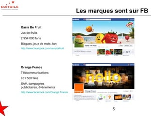 Les marques sont sur FB

Oasis Be Fruit
Jus de fruits
2 954 000 fans
Blagues, jeux de mots, fun
http://www.facebook.com/oasisbefruit




Orange France
Télécommunications
651 500 fans
SAV, campagnes
publicitaires, événements
http://www.facebook.com/Orange.France




                                                   5
 