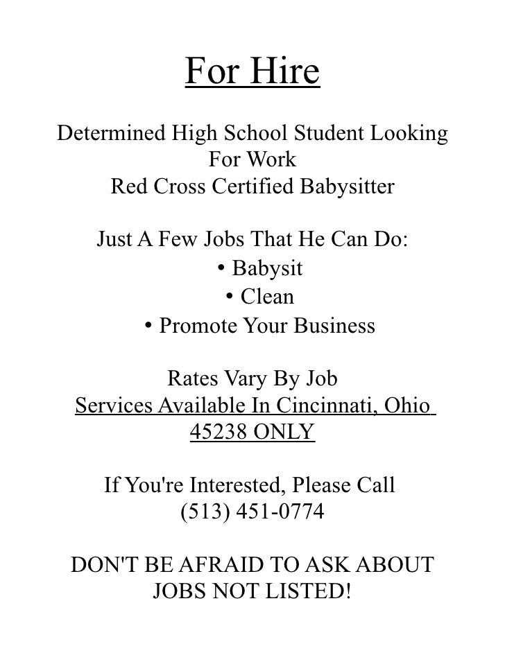 for hire ad looking for a babysitter ad