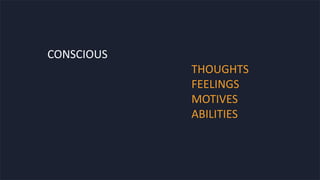 CONSCIOUS
THOUGHTS
FEELINGS
MOTIVES
ABILITIES
 