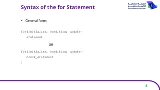 4
Syntax of the for Statement
 General form:
for(initialize; condition; update)
statement
for(initialize; condition; update){
block_statement
}
OR
 
