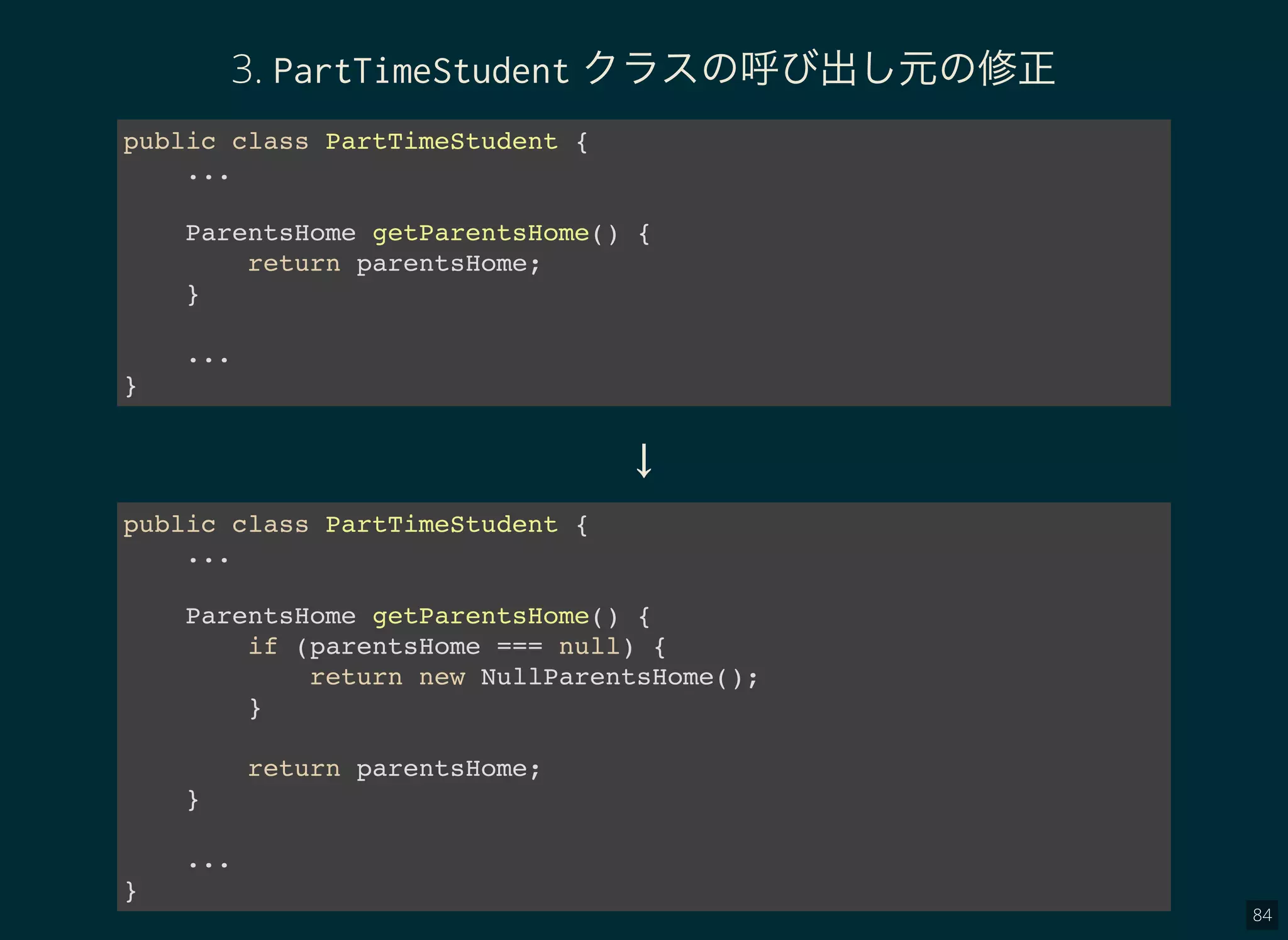 84
3. PartTimeStudent クラスの呼び出し元の修正
public class PartTimeStudent {
...
ParentsHome getParentsHome() {
return parentsHome;
}
...
}
↓
public class PartTimeStudent {
...
ParentsHome getParentsHome() {
if (parentsHome === null) {
return new NullParentsHome();
}
return parentsHome;
}
...
}
 