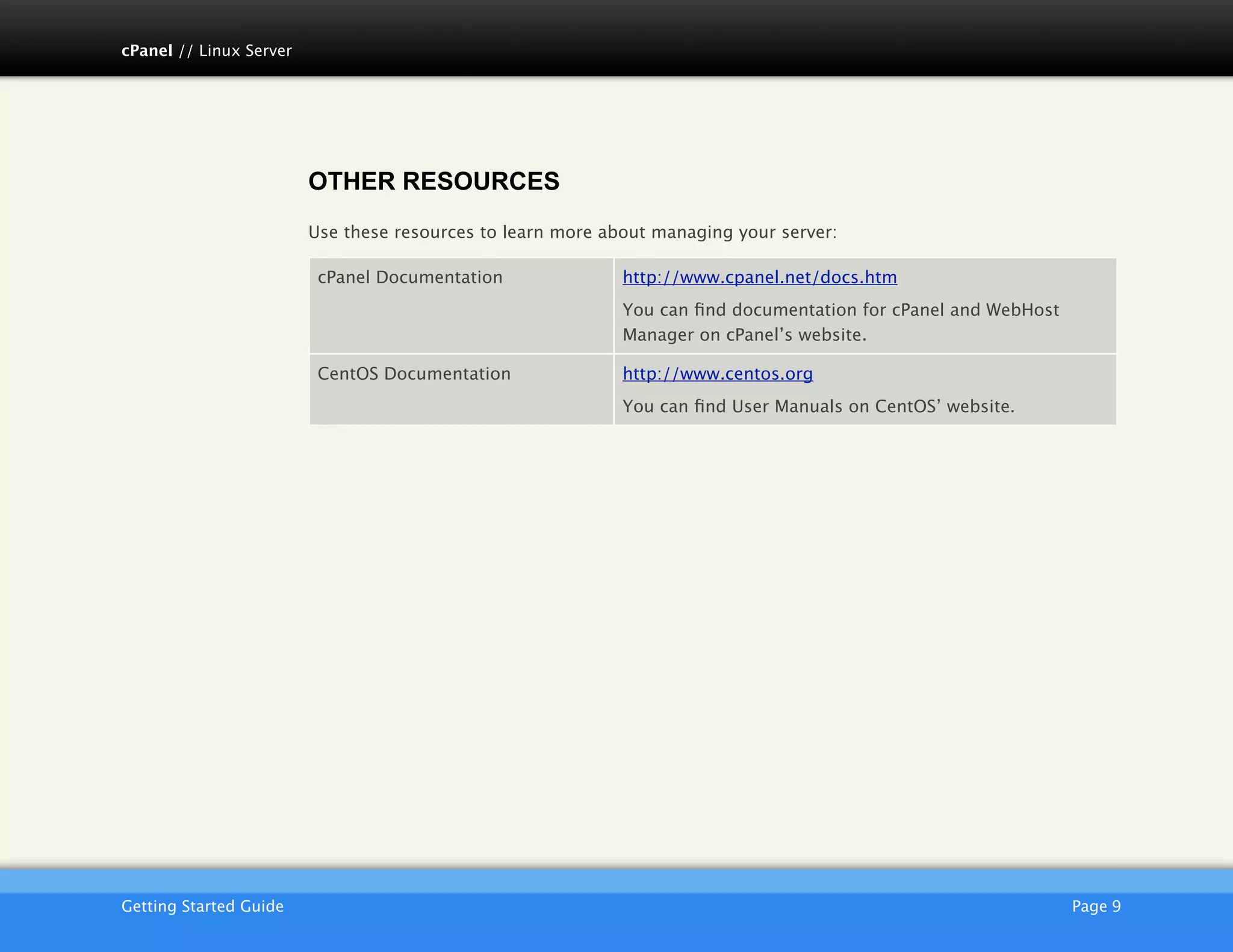 cPanel // Linux Server




                         OTHER RESOURCES
                         Use these resources to learn more about managing your server:

                          cPanel Documentation               http://www.cpanel.net/docs.htm
                                                             You can ﬁnd documentation for cPanel and WebHost
                                                             Manager on cPanel’s website.

                          CentOS Documentation               http://www.centos.org
                                                             You can ﬁnd User Manuals on CentOS’ website.




                         AKJZNAzsqknsxxkjnsjx
Getting Started Guide
                                                                                          Page 9
 