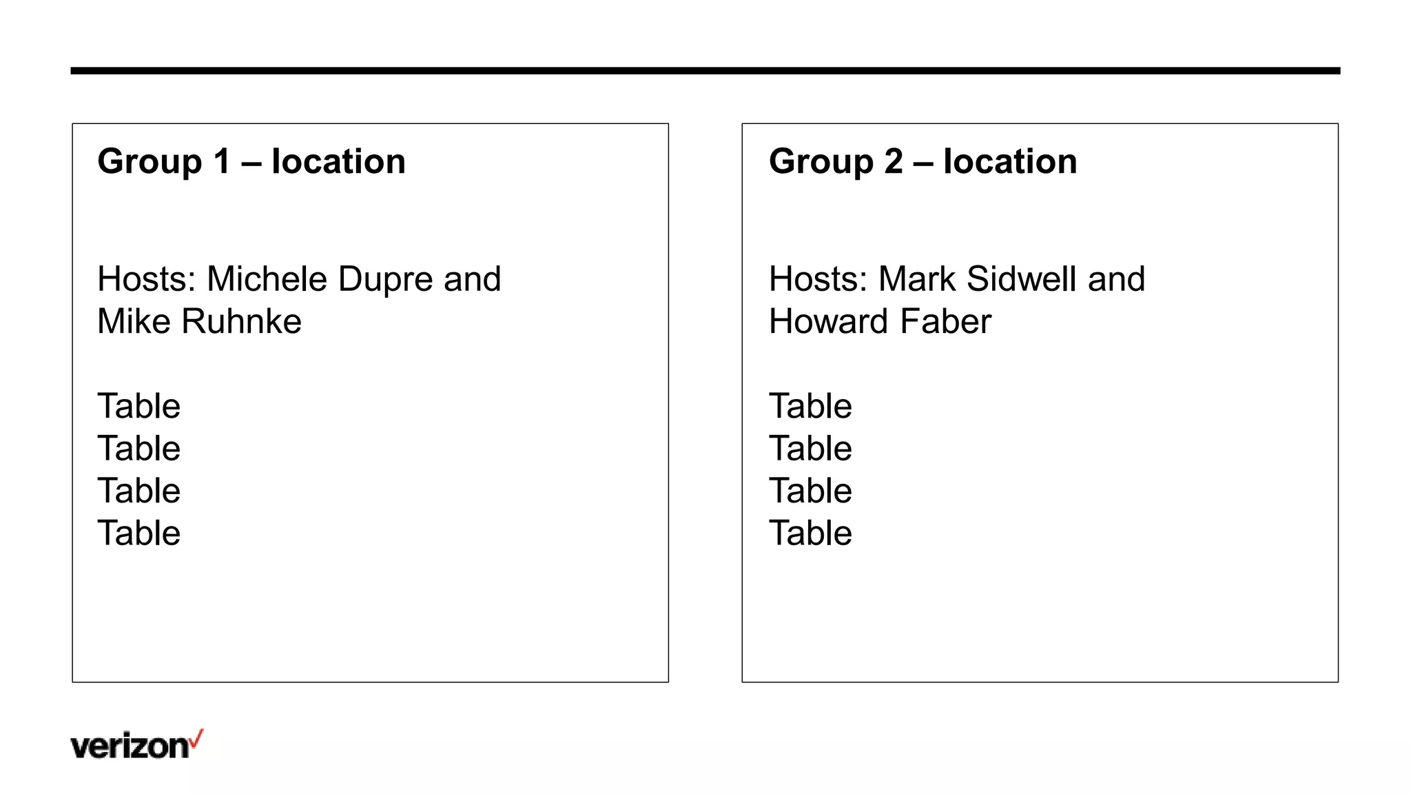 Hosts: Michele Dupre and
Mike Ruhnke
Table
Table
Table
Table
Hosts: Mark Sidwell and
Howard Faber
Table
Table
Table
Table
Group 1 – location Group 2 – location
 
