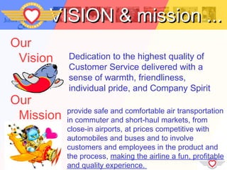 VISION & mission ...
Our
 Vision    Dedication to the highest quality of
           Customer Service delivered with a
           sense of warmth, friendliness,
           individual pride, and Company Spirit
Our
           provide safe and comfortable air transportation
 Mission   in commuter and short-haul markets, from
           close-in airports, at prices competitive with
           automobiles and buses and to involve
           customers and employees in the product and
           the process, making the airline a fun, profitable
           and quality experience.
 