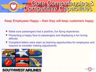 Core Competencies &
              Competitive Capabilities
Keep Employees Happy – then they will keep customers happy


♥ Make sure passengers had a positive, fun flying experience.
♥ Presenting a happy face to passengers and displaying a fun loving
  attitude.
♥ Complaint letters were seen as learning opportunities for employees and
  reasons to consider making adjustments
 