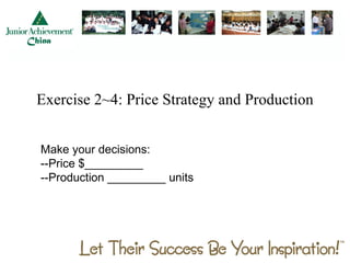 Exercise 2~4: Price Strategy and Production


Make your decisions:
--Price $_________
--Production _________ units
 