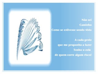 Não sei Caminho Como se estivesse sendo visto A cada gesto que me proponho a fazer Tenho o zelo  de quem corre algum risco! 