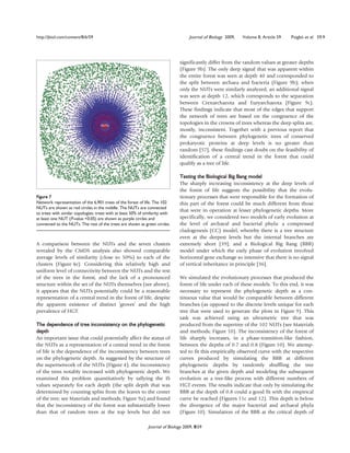http://jbiol.com/content/8/6/59                                                      Journal of Biology 2009,   Volume 8, Article 59   Puigbò et al. 59.9




                                                                                significantly differ from the random values at greater depths
                                                                                (Figure 9b). The only deep signal that was apparent within
                                                                                the entire forest was seen at depth 40 and corresponded to
                                                                                the split between archaea and bacteria (Figure 9b); when
                                                                                only the NUTs were similarly analyzed, an additional signal
                                                                                was seen at depth 12, which corresponds to the separation
                                                                                between Crenarchaeota and Euryarchaeota (Figure 9c).
                                                                                These findings indicate that most of the edges that support
                                                                                the network of trees are based on the congruence of the
                                    NUTs
                                                                                topologies in the crowns of trees whereas the deep splits are,
                                                                                mostly, inconsistent. Together with a previous report that
                                                                                the congruence between phylogenetic trees of conserved
                                                                                prokaryotic proteins at deep levels is no greater than
                                                                                random [57], these findings cast doubt on the feasibility of
                                                                                identification of a central trend in the forest that could
                                                                                qualify as a tree of life.

                                                                                Testing the Biological Big Bang model
                                                                                The sharply increasing inconsistency at the deep levels of
                                                                                the forest of life suggests the possibility that the evolu-
Figure 7                                                                        tionary processes that were responsible for the formation of
Network representation of the 6,901 trees of the forest of life. The 102        this part of the forest could be much different from those
NUTs are shown as red circles in the middle. The NUTs are connected
                                                                                that were in operation at lesser phylogenetic depths. More
to trees with similar topologies: trees with at least 50% of similarity with
at least one NUT (P-value <0.05) are shown as purple circles and                specifically, we considered two models of early evolution at
connected to the NUTs. The rest of the trees are shown as green circles.        the level of archaeal and bacterial phyla: a compressed
                                                                                cladogenesis (CC) model, whereby there is a tree structure
                                                                                even at the deepest levels but the internal branches are
A comparison between the NUTs and the seven clusters                            extremely short [39]; and a Biological Big Bang (BBB)
revealed by the CMDS analysis also showed comparable                            model under which the early phase of evolution involved
average levels of similarity (close to 50%) to each of the                      horizontal gene exchange so intensive that there is no signal
clusters (Figure 4e). Considering this relatively high and                      of vertical inheritance in principle [36].
uniform level of connectivity between the NUTs and the rest
of the trees in the forest, and the lack of a pronounced                        We simulated the evolutionary processes that produced the
structure within the set of the NUTs themselves (see above),                    forest of life under each of these models. To this end, it was
it appears that the NUTs potentially could be a reasonable                      necessary to represent the phylogenetic depth as a con-
representation of a central trend in the forest of life, despite                tinuous value that would be comparable between different
the apparent existence of distinct ‘groves’ and the high                        branches (as opposed to the discrete levels unique for each
prevalence of HGT.                                                              tree that were used to generate the plots in Figure 9). This
                                                                                task was achieved using an ultrametric tree that was
The dependence of tree inconsistency on the phylogenetic                        produced from the supertree of the 102 NUTs (see Materials
depth                                                                           and methods; Figure 10). The inconsistency of the forest of
An important issue that could potentially affect the status of                  life sharply increases, in a phase-transition-like fashion,
the NUTs as a representation of a central trend in the forest                   between the depths of 0.7 and 0.8 (Figure 10). We attemp-
of life is the dependence of the inconsistency between trees                    ted to fit this empirically observed curve with the respective
on the phylogenetic depth. As suggested by the structure of                     curves produced by simulating the BBB at different
the supernetwork of the NUTs (Figure 4), the inconsistency                      phylogenetic depths by randomly shuffling the tree
of the trees notably increased with phylogenetic depth. We                      branches at the given depth and modeling the subsequent
examined this problem quantitatively by tallying the IS                         evolution as a tree-like process with different numbers of
values separately for each depth (the split depth that was                      HGT events. The results indicate that only by simulating the
determined by counting splits from the leaves to the center                     BBB at the depth of 0.8 could a good fit with the empirical
of the tree; see Materials and methods; Figure 9a) and found                    curve be reached (Figures 11c and 12). This depth is below
that the inconsistency of the forest was substantially lower                    the divergence of the major bacterial and archaeal phyla
than that of random trees at the top levels but did not                         (Figure 10). Simulation of the BBB at the critical depth of

                                                               Journal of Biology 2009, 8:59
 