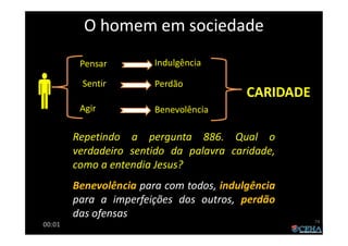 Pensar
Sentir
Agir
Indulgência
Perdão
Benevolência
CARIDADECARIDADE
O homem em sociedadeO homem em sociedade
Repetindo a pergunta 886. Qual o
verdadeiro sentido da palavra caridade,
como a entendia Jesus?
Benevolência para com todos, indulgência
para a imperfeições dos outros, perdão
das ofensas
74
00:01
 
