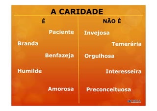 A CARIDADE
Paciente
Branda
Benfazeja
Invejosa
Temerária
Orgulhosa
Humilde Interesseira
PreconceituosaAmorosa
É NÃO É
 