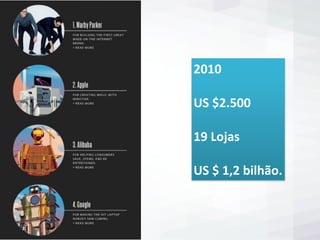 2010	
  
US	
  $2.500	
  
19	
  Lojas	
  
US	
  $	
  1,2	
  bilhão.
 