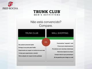 Não está convencido?
Compare.
TRUNK CLUB MALL SHOPPING
Seu próprio personal stylist
Entrega à sua porta pelo FedEx
Experimente as roupas no conforto de sua casa
10 dias para experimentar e decidir
Ótima seleção de roupas de alta qualidade
Funcionários "caçando" você
Procura por estacionamento
Provadores com manchas misteriosas
Remorsos depois da compra
Compra mais do que precisa/quer
$5 de gasolina para chegar ao mall
VS.
 