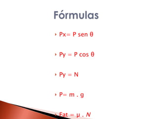 Px= P sen θ   Py = P cos θ    Py = N   P= m . g Fat = µ .  N 
