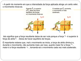 1
• A partir do momento em que a intensidade da força aplicada atinge um certo valor,
o movimento inicia-se.

lsto significa que a força resultante deixa de ser nula porque a força
força de atrito . Deixa de haver equilíbrio de forças.

é superior à

É importante notares que, mal o movimento se inicia, a torça de atrito diminui e,
durante o movimento, não aumenta mais; por isso, quanto maior for a força ,
maior é a força resultante
, tornando-se o movimento cada vez mais acelerado.

 