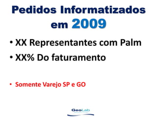 Pedidos Informatizados em 2009XX Representantes com PalmXX% Do faturamentoSomente Varejo SP e GO