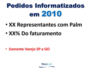 Pedidos Informatizados em 2010XX Representantes com PalmXX% Do faturamentoSomente Varejo SP e GO