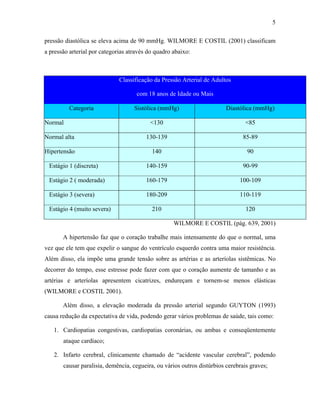 5
pressão diastólica se eleva acima de 90 mmHg. WILMORE E COSTIL (2001) classificam
a pressão arterial por categorias através do quadro abaixo:
Classificação da Pressão Arterial de Adultos
com 18 anos de Idade ou Mais
Categoria Sistólica (mmHg) Diastólica (mmHg)
Normal <130 <85
Normal alta 130-139 85-89
Hipertensão 140 90
Estágio 1 (discreta) 140-159 90-99
Estágio 2 ( moderada) 160-179 100-109
Estágio 3 (severa) 180-209 110-119
Estágio 4 (muito severa) 210 120
WILMORE E COSTIL (pág. 639, 2001)
A hipertensão faz que o coração trabalhe mais intensamente do que o normal, uma
vez que ele tem que expelir o sangue do ventrículo esquerdo contra uma maior resistência.
Além disso, ela impõe uma grande tensão sobre as artérias e as arteríolas sistêmicas. No
decorrer do tempo, esse estresse pode fazer com que o coração aumente de tamanho e as
artérias e arteríolas apresentem cicatrizes, endureçam e tornem-se menos elásticas
(WILMORE e COSTIL 2001).
Além disso, a elevação moderada da pressão arterial segundo GUYTON (1993)
causa redução da expectativa de vida, podendo gerar vários problemas de saúde, tais como:
1. Cardiopatias congestivas, cardiopatias coronárias, ou ambas e conseqüentemente
ataque cardíaco;
2. Infarto cerebral, clinicamente chamado de “acidente vascular cerebral”, podendo
causar paralisia, demência, cegueira, ou vários outros distúrbios cerebrais graves;
 