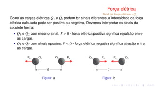 Força elétrica
Sinal da força elétrica ±Q
Como as cargas elétricas Q1 e Q2 podem ter sinais diferentes, a intensidade da força
elétrica calculada pode ser positiva ou negativa. Devemos interpretar os sinais da
seguinte forma:
∙ Q1 e Q2 com mesmo sinal: F > 0 - força elétrica positiva signiﬁca repulsão entre
as cargas.
∙ Q1 e Q2 com sinais opostos: F < 0 - força elétrica negativa signiﬁca atração entre
as cargas.
Figura: a Figura: b
 