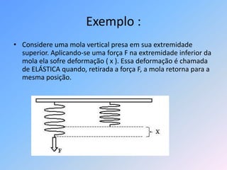 Exemplo :Considere uma mola vertical presa em sua extremidade superior. Aplicando-se uma força F na extremidade inferior da mola ela sofre deformação ( x ). Essa deformação é chamada de ELÁSTICA quando, retirada a força F, a mola retorna para a mesma posição.