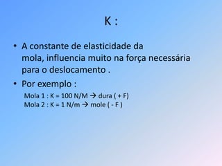 K :A constante de elasticidade da mola, influencia muito na força necessária para o deslocamento .Por exemplo :           Mola 1 : K = 100 N/M  dura ( + F)Mola 2 : K = 1 N/m  mole ( - F )