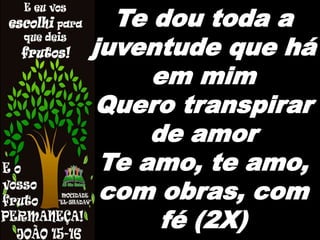 Te dou toda a
juventude que há
em mim
Quero transpirar
de amor
Te amo, te amo,
com obras, com
fé (2X)
 