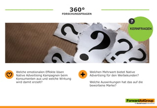 360°
FORSCHUNGSFRAGEN
Welche emotionalen Effekte lösen
Native Advertising Kampagnen beim
Konsumenten aus und welche Wirkung
wird damit erzielt?
?
Welchen Mehrwert bietet Native
Advertising für den Werbekunden?
Welche Auswirkungen hat das auf die
beworbene Marke?
 