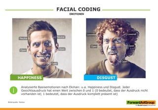 DISGUSTHAPPINESS
Bilderquelle: Noldus
Analysierte Basisemotionen nach Ekman: u.a. Happiness und Disgust. Jeder
Gesichtsausdruck hat einen Wert zwischen 0 und 1 (0 bedeutet, dass der Ausdruck nicht
vorhanden ist; 1 bedeutet, dass der Ausdruck komplett präsent ist)
FACIAL CODING
 