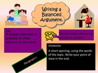Writing a
                          Balanced
                          Argument.

Title
A simple statement or                  Should mobile phones be
question to draw                       banned in schools?
attention to the issue.
                             Introduction

                             A short opening, using the words
                             of the topic. Write your point of
                             view in the end.
 