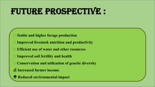 🌾 Stable and higher forage production
🐄 Improved livestock nutrition and productivity
💧 Efficient use of water and other resources
🌱 Improved soil fertility and health
🧬 Conservation and utilization of genetic diversity
💰 Increased farmer income
🌍 Reduced environmental impact
Future prospective :
 