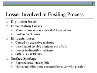 Losses Involved in Ensiling Process
 Dry matter losses
 Fermentation Losses
 Minimal loss unless clostridial fermentation
 Protein breakdown
 Effluents losses
 Caused by excessive moisture
 Leaching of soluble nutrients out of silo
 Losses in digestible nutrients
 ODOR, CORROSIVE
 Surface Spoilage
 Exposed areas susceptible
 Horizontal silos more susceptible (cover with plastic)
 