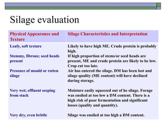 Silage evaluation
Physical Appearance and
Texture
Silage Characteristics and Interpretation
Leafy, soft texture
Stemmy, fibrous; seed heads
present
Presence of mould or rotten
silage
Very wet; effluent seeping
from stack
Very dry, even brittle
Likely to have high ME. Crude protein is probably
high.
If high proportion of stems/or seed heads are
present, ME and crude protein are likely to be low.
Crop cut too late.
Air has entered the silage. DM has been lost and
silage quality (ME content) will have declined
during storage.
Moisture easily squeezed out of he silage. Forage
was ensiled at too low a DM content. There is a
high risk of poor fermentation and significant
losses (quality and quantity).
Silage was ensiled at too high a DM content.
 