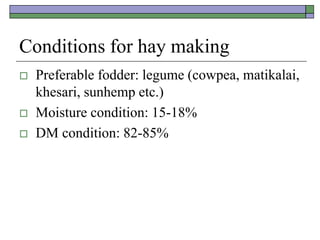 Conditions for hay making
 Preferable fodder: legume (cowpea, matikalai,
khesari, sunhemp etc.)
 Moisture condition: 15-18%
 DM condition: 82-85%
 