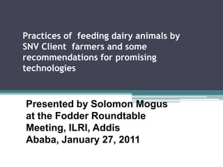 Practices of  feeding dairy animals by SNV Client  farmers and some recommendations for promising technologies  Presented by Solomon Mogus at the Fodder Roundtable Meeting, ILRI, Addis Ababa, January 27, 2011 