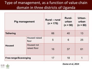 Type of management, as a function of value chain
domain in three districts of Uganda
Pig management
Rural – rural
(n = 170)
Rural-
urban
(n = 90)
Urban-
urban
(n = 80)
Tethering 66 40 13
Housed
Housed raised
floor 5 6 25
Housed not
raised floor 16 37 61
Free-range/Scavenging 17 18 1
Ouma et al, 2014
 