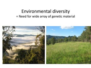 Environmental diversity
= Need for wide array of genetic material
 