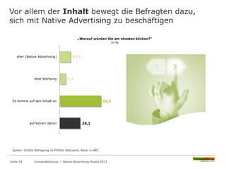 Vor allem der Inhalt bewegt die Befragten dazu,
sich mit Native Advertising zu beschäftigen
„Worauf würden Sie am ehesten klicken?“
in %
13,7
7,7
52,5
26,1
eher [Native Advertising]
eher Werbung
Es kommt auf den Inhalt an
auf keinen davon
Quelle: OnSite Befragung im FORAG Netzwerk, Basis n=482
ForwardAdGroup l Native Advertising Studie 2015Seite 24
 
