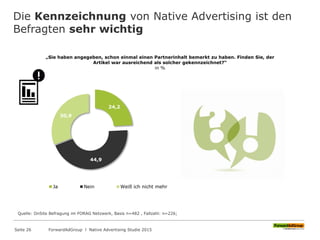 Die Kennzeichnung von Native Advertising ist den
Befragten sehr wichtig
„Sie haben angegeben, schon einmal einen Partnerinhalt bemerkt zu haben. Finden Sie, der
Artikel war ausreichend als solcher gekennzeichnet?“
in %
24,2
44,9
30,9
Ja Nein Weiß ich nicht mehr
Quelle: OnSite Befragung im FORAG Netzwerk, Basis n=482 , Fallzahl: n=226;
ForwardAdGroup l Native Advertising Studie 2015Seite 26
 