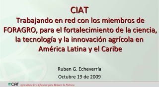 Ruben G. Echeverría Octubre 19 de 2009 Agricultura Eco-Eficiente para Reducir la Pobreza CIAT   Trabajando en red con los miembros de FORAGRO, para el fortalecimiento de la ciencia, la tecnología y la innovación agrícola en  América Latina y el Caribe 