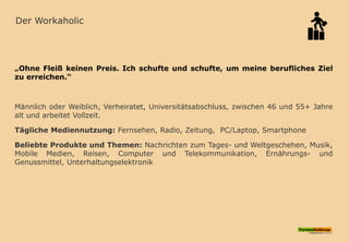 Der Workaholic
„Ohne Fleiß keinen Preis. Ich schufte und schufte, um meine berufliches Ziel
zu erreichen.“
Männlich oder Weiblich, Verheiratet, Universitätsabschluss, zwischen 46 und 55+ Jahre
alt und arbeitet Vollzeit.
Tägliche Mediennutzung: Fernsehen, Radio, Zeitung, PC/Laptop, Smartphone
Beliebte Produkte und Themen: Nachrichten zum Tages- und Weltgeschehen, Musik,
Mobile Medien, Reisen, Computer und Telekommunikation, Ernährungs- und
Genussmittel, Unterhaltungselektronik
 
