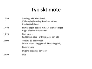 Typiskt möte
17.30 Samling HBK klubblokal
Väder och planering, kort instruktion
Kvartersindelning
17.40 Hämta segel, paddel mm. Ett kvarter i taget
Rigga båtarna och sticka ut
19.15 Mot hamn.
Förtöjning, göra i ordning segel och båt.
20.00 Tillbaka på båtklubben
Mat och Mys , bryggsnack Skriva loggbok,
Dagens knop
Dagens lärdomar och teori
20.30 Slut
 