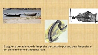 E pague-se de cada rede de lampreias de condado por ano duas lampreias e
em dinheiro cento e cinquenta reais.
 